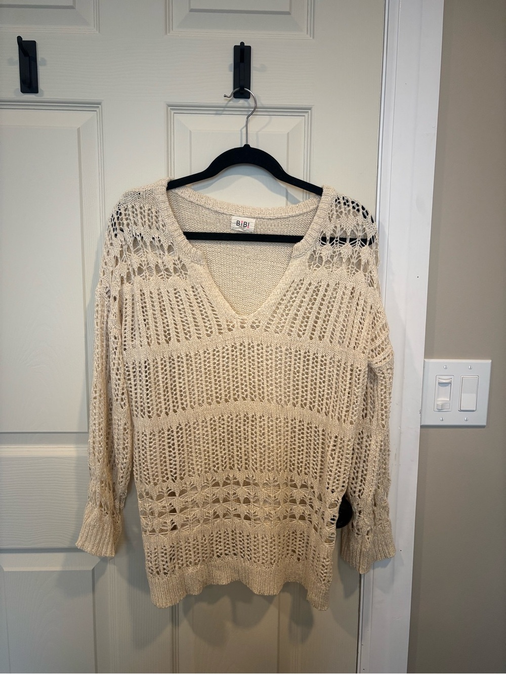BiBi Open-Knit V-Neck Sweater in Cream